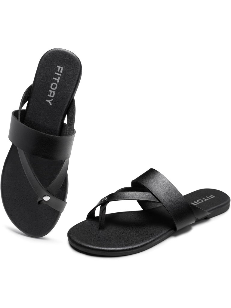 Womens All Black Flat With Casual Slides And Flip Flops Split Toes Style Sandals